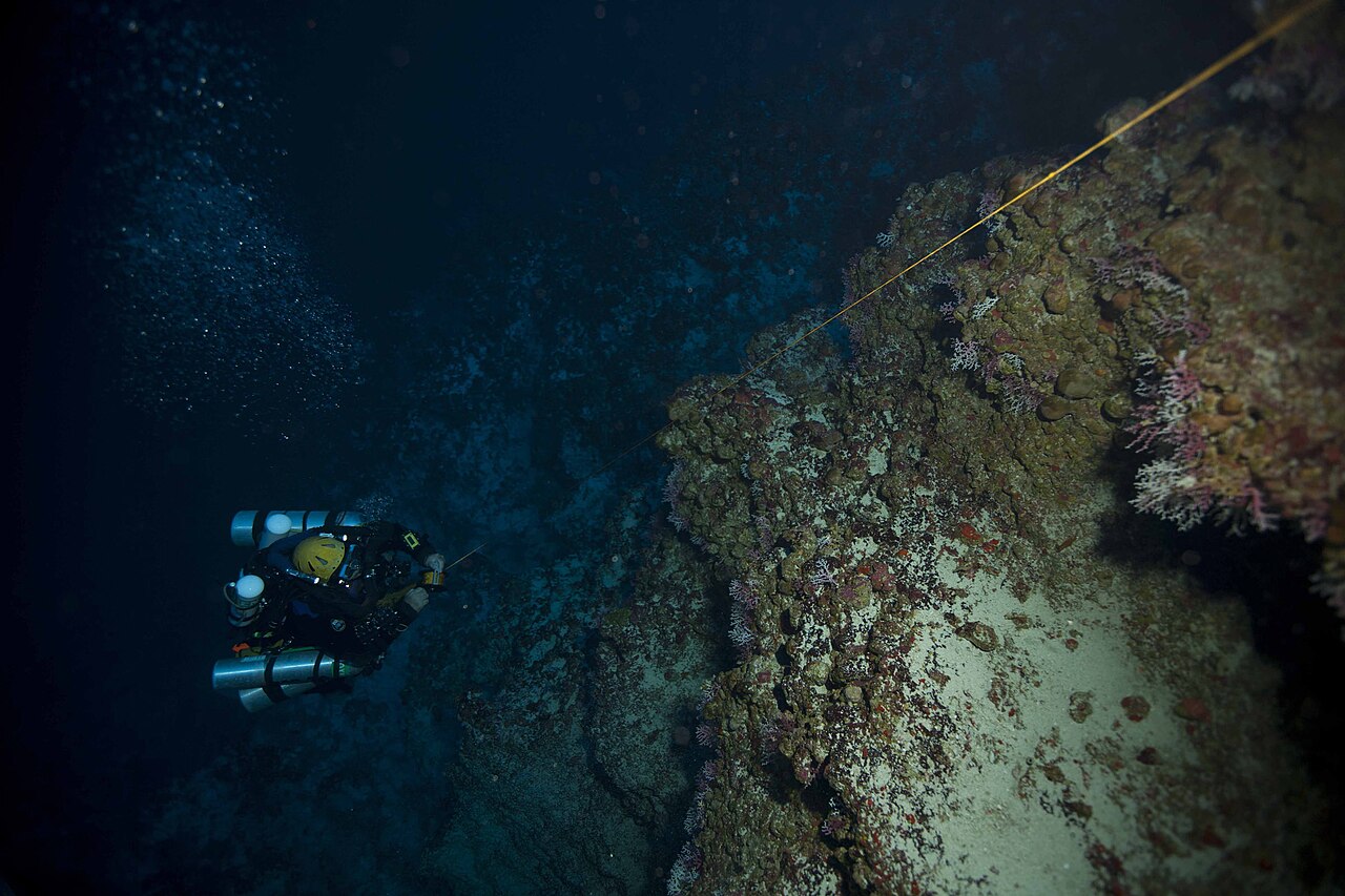A cave diver following a guideline, the Bahamas